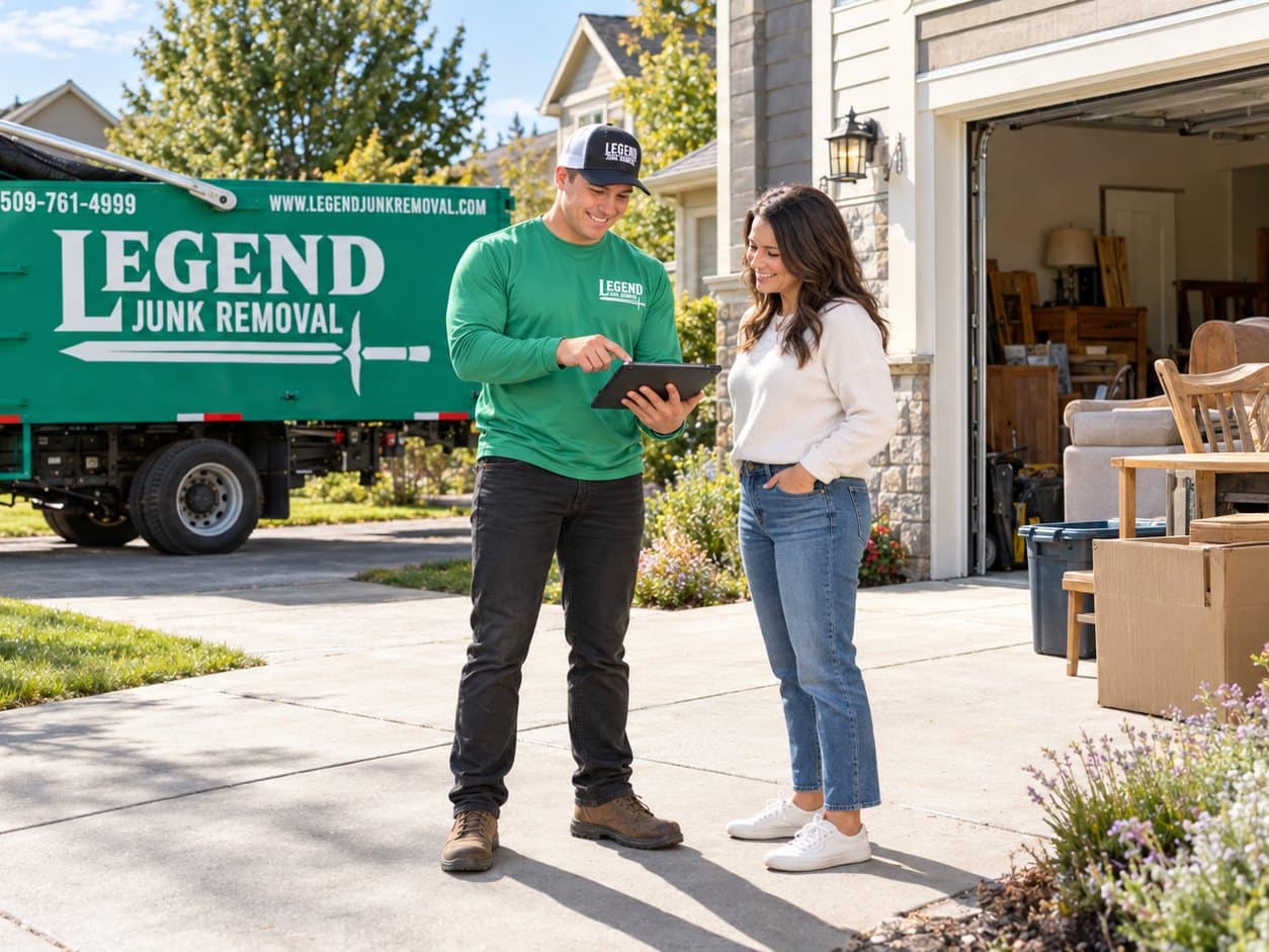 Legend Junk Removal crew member talking with a customer in Spokane