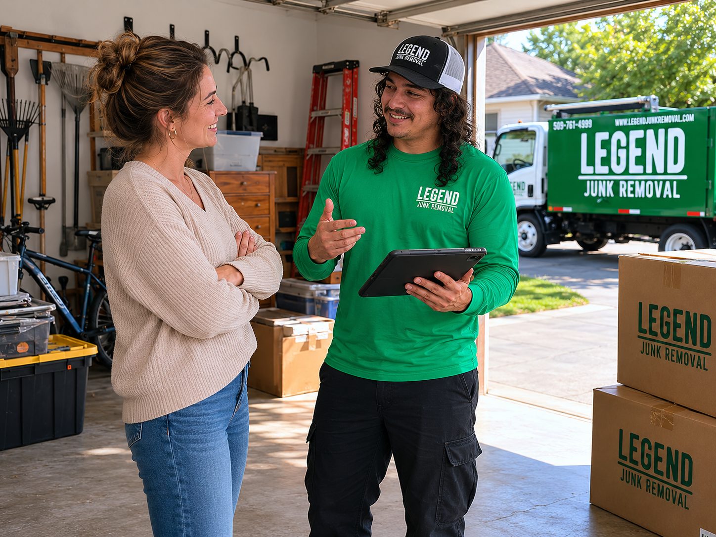 Legend Junk Removal crew member talking with a customer in Spokane