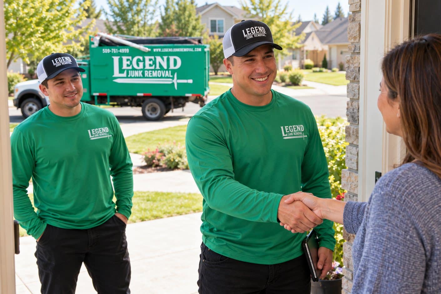 Legend Junk Removal crew with a customer outside a Spokane home