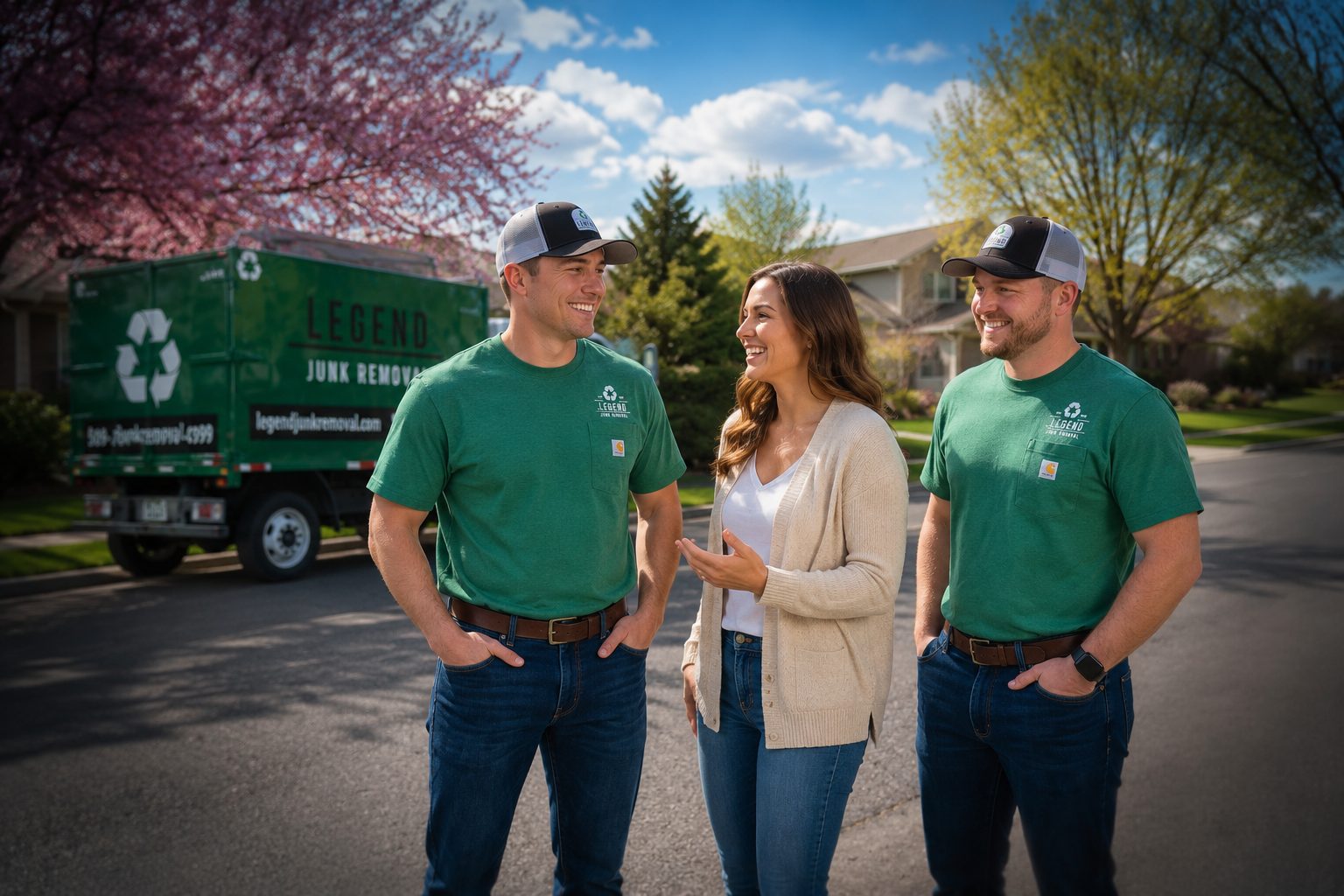A Legend Junk Removal crew with a customer outside a Spokane home