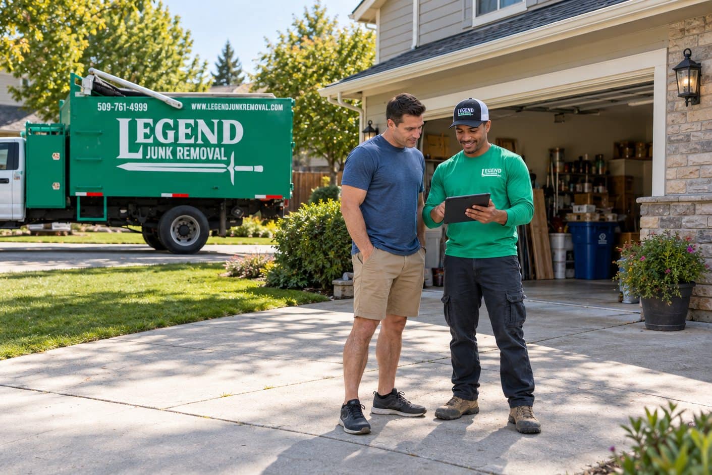 Legend Junk Removal crew walking a job with a customer in Spokane