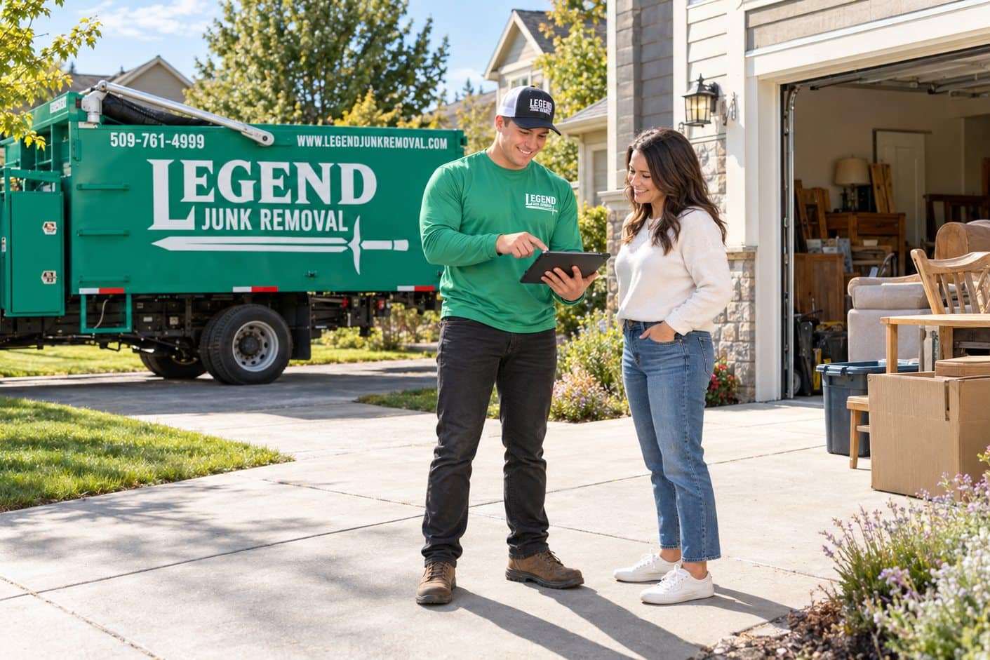 Legend Junk Removal crew member with a customer in Spokane