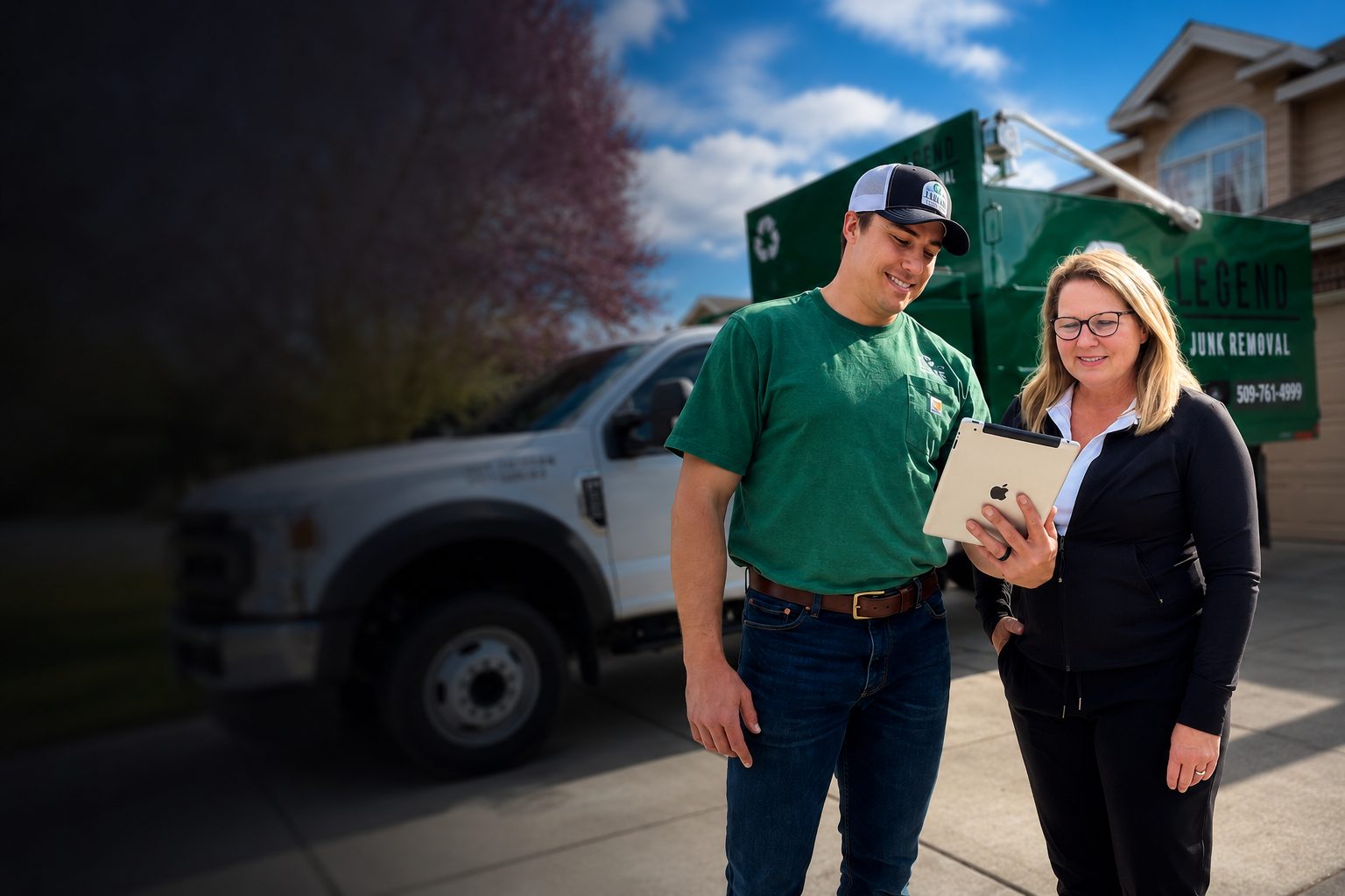 Legend Junk Removal crew member with a customer in Spokane