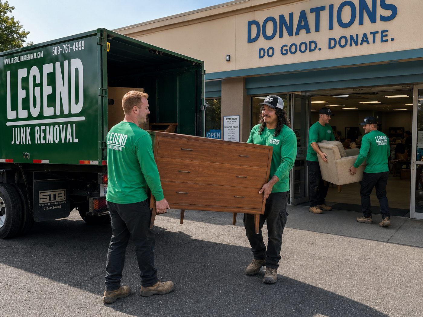 Legend Junk Removal crew sorting a load for donation