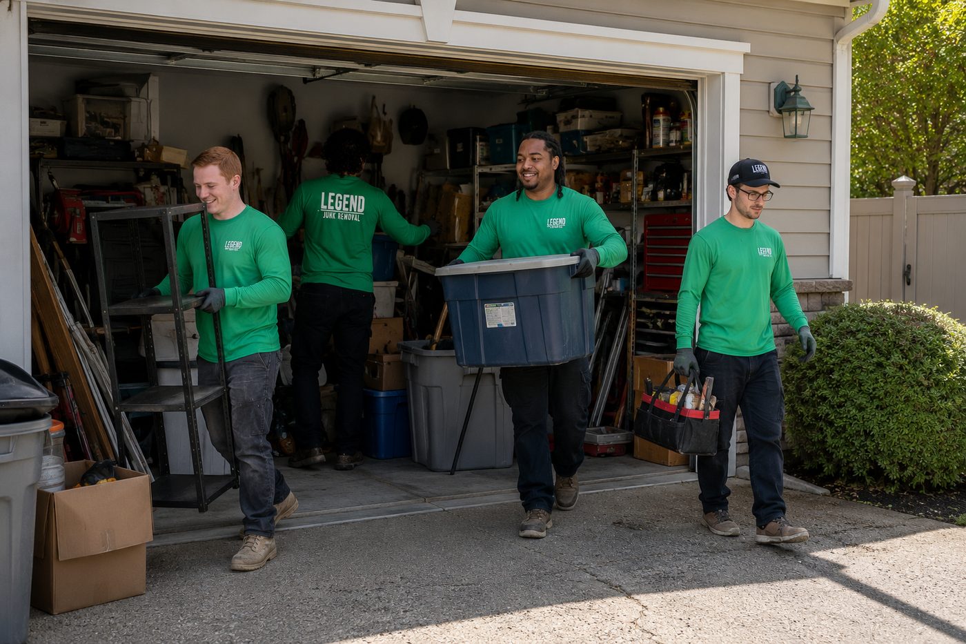 Legend Junk Removal crew loading a garage cleanout in Spokane